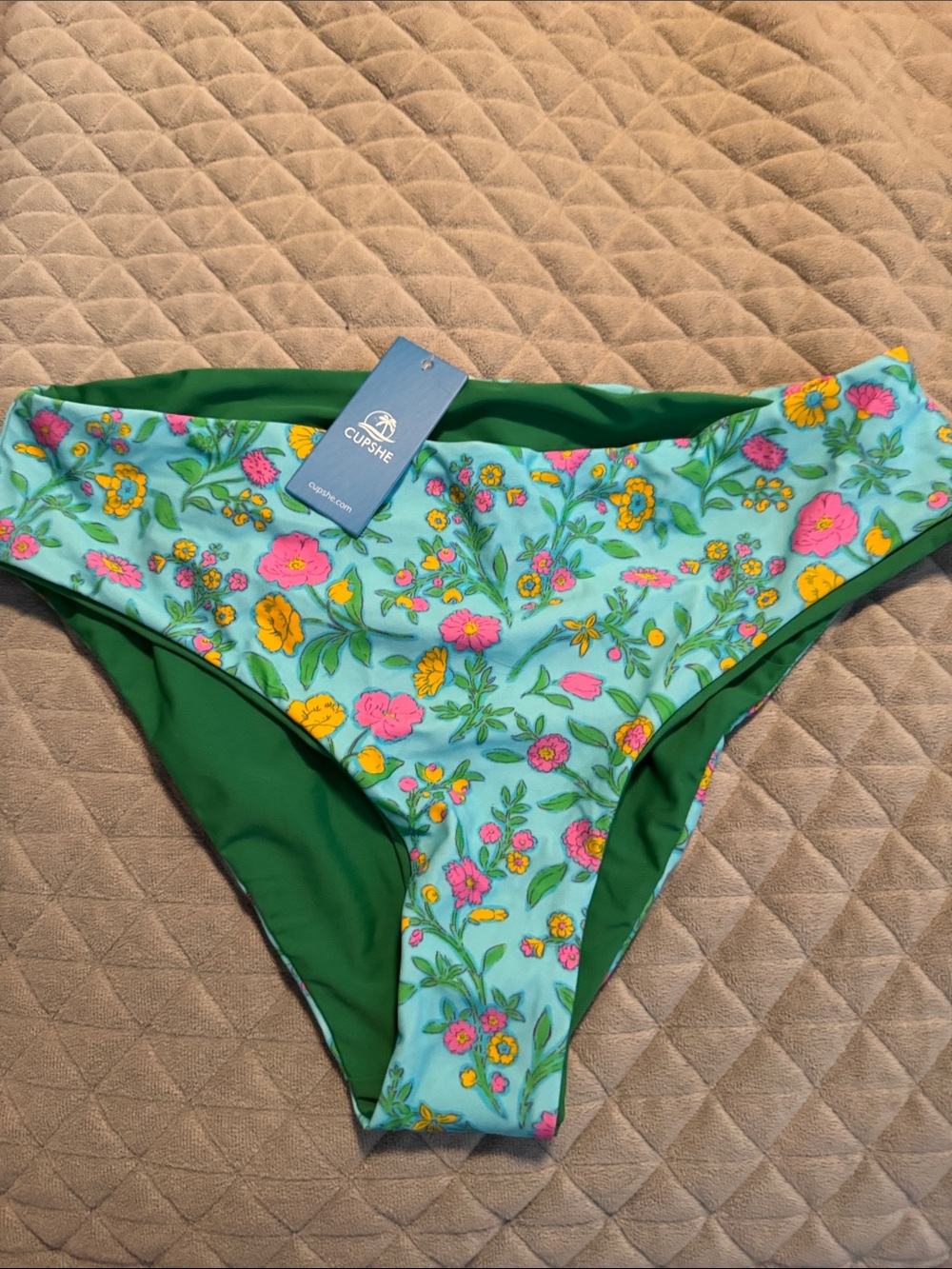 Cupshe Aqua Floral Bikini Bottoms with Green Lining *reversible*